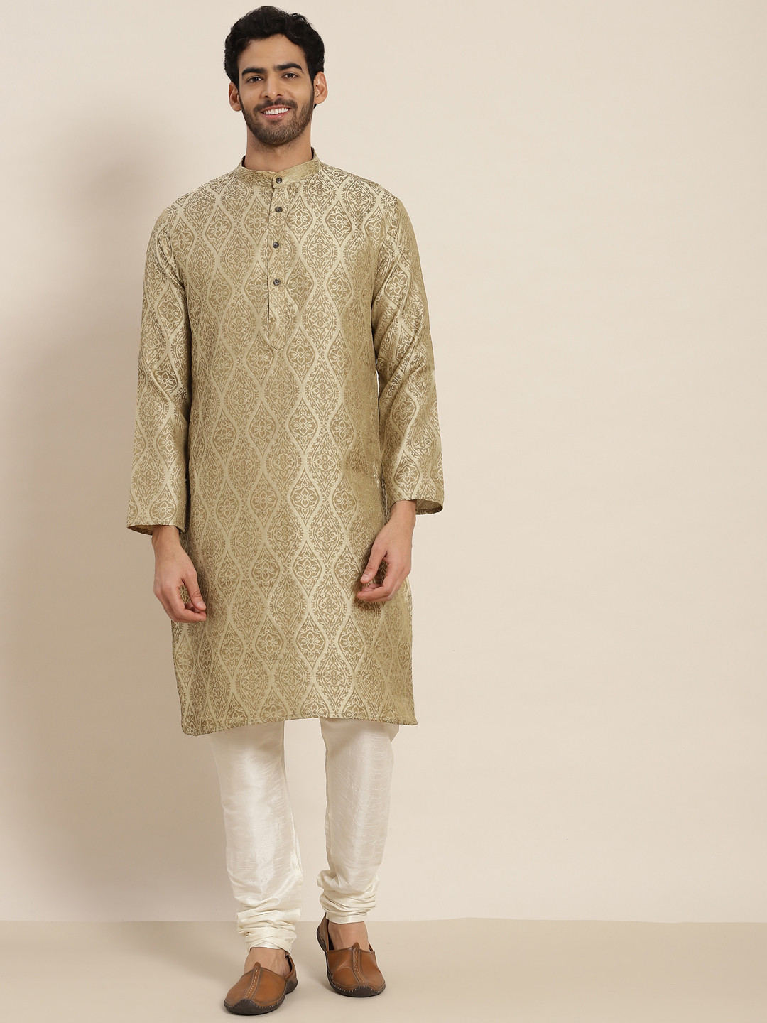 Classic Beige Floral Kurta Set for Men Jacquard Silk with Ethnic Jacket - Buy main image 1