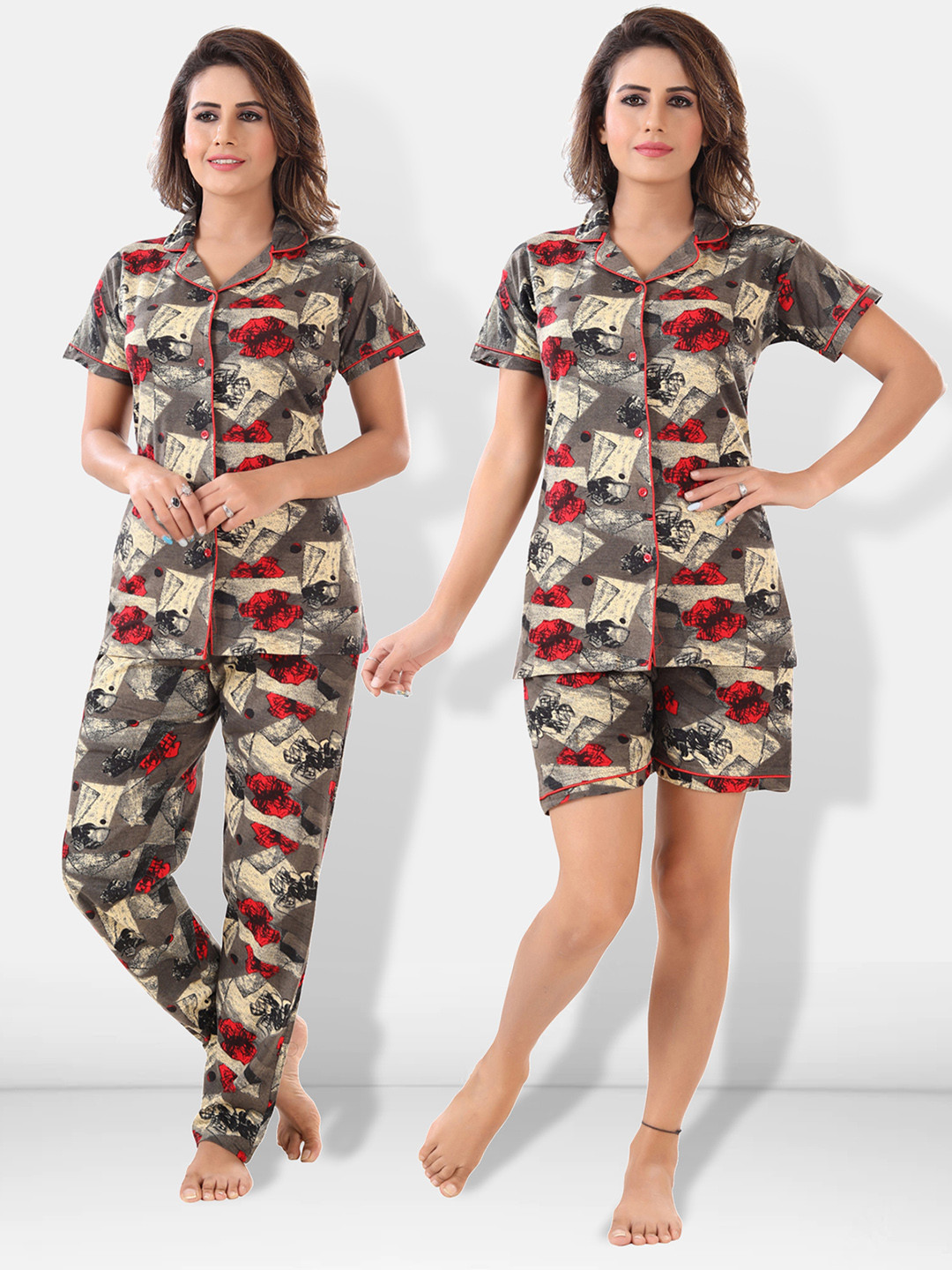 Buy Be You Women Brown & Red Printed Lapel Collar Night Suits Night Suits for Women 20826730
