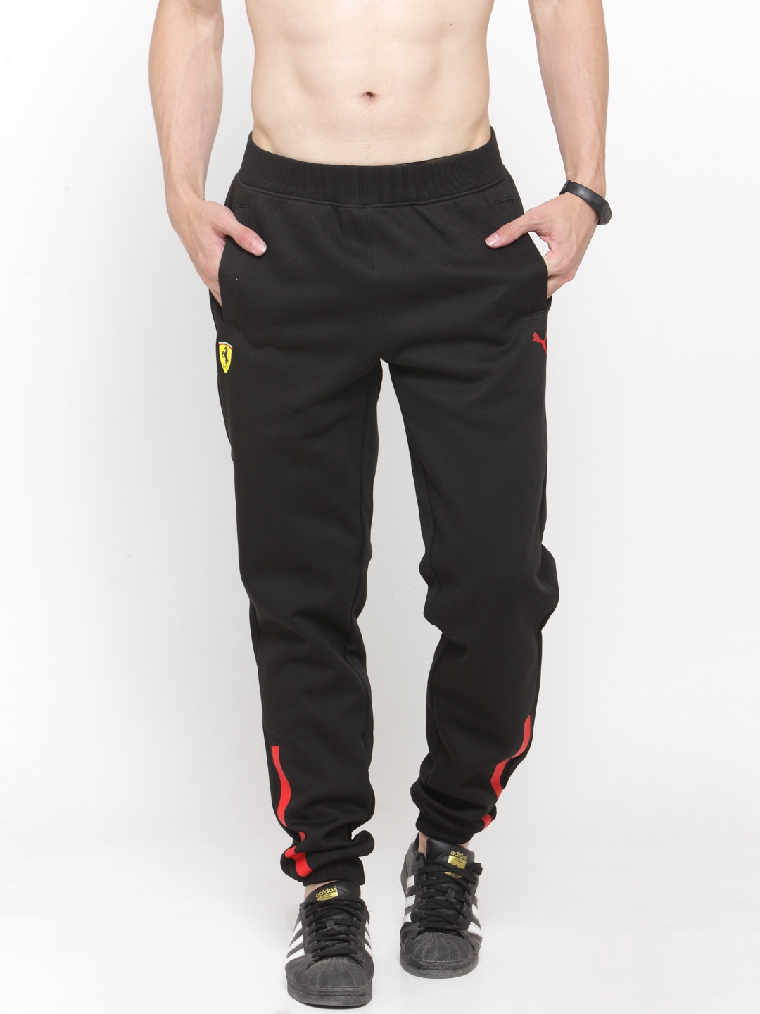 black and red puma joggers