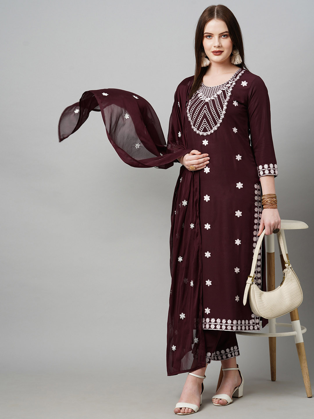 Buy KALINI Women Burgundy Floral Embroidered Kurta With Trousers With