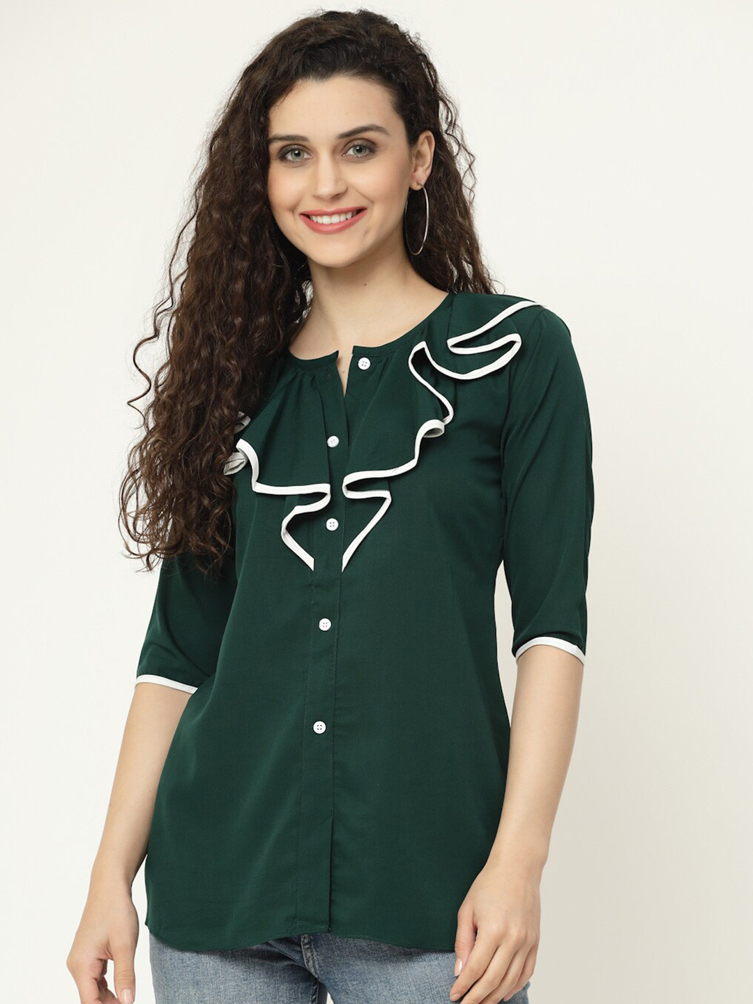 Buy MISS AYSE Women Dark Green & White Ruffles Crepe Top Tops for