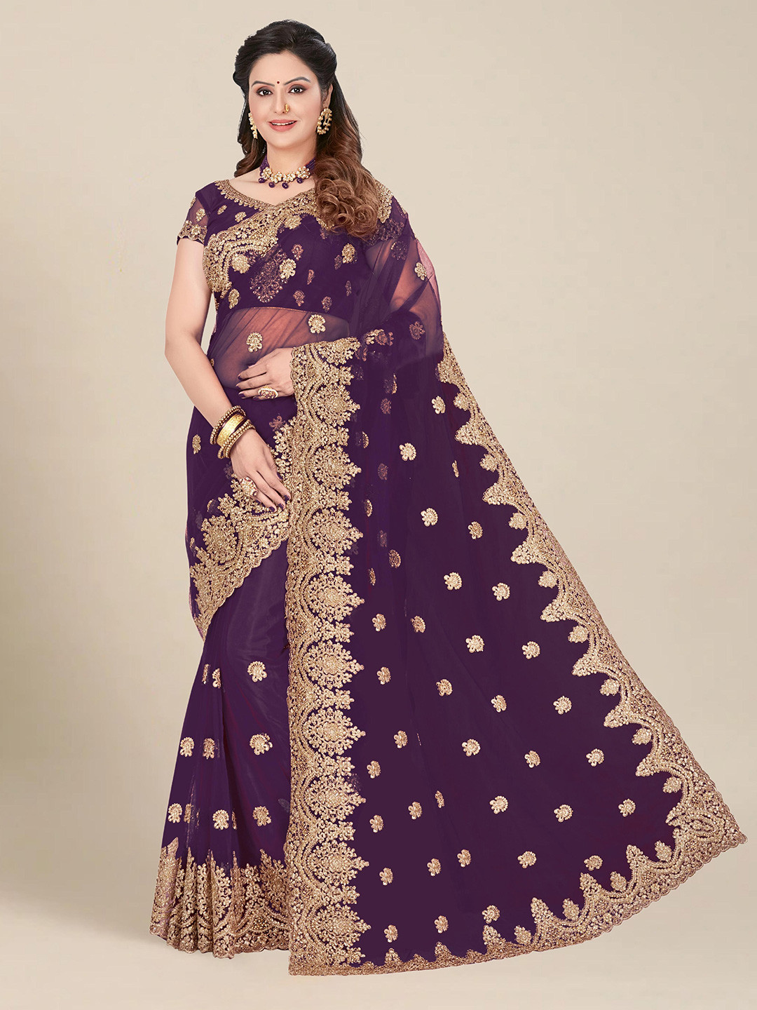 Women's Net Purple Embellished Designer Saree With Blouse Piece main image 0