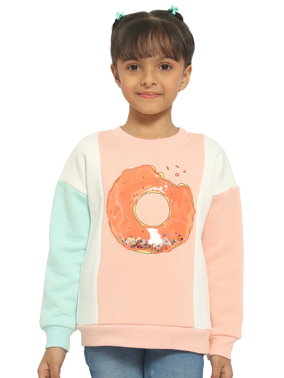 Natilene Girls White Peach Geometric Printed Hooded Sweatshirt main image 1