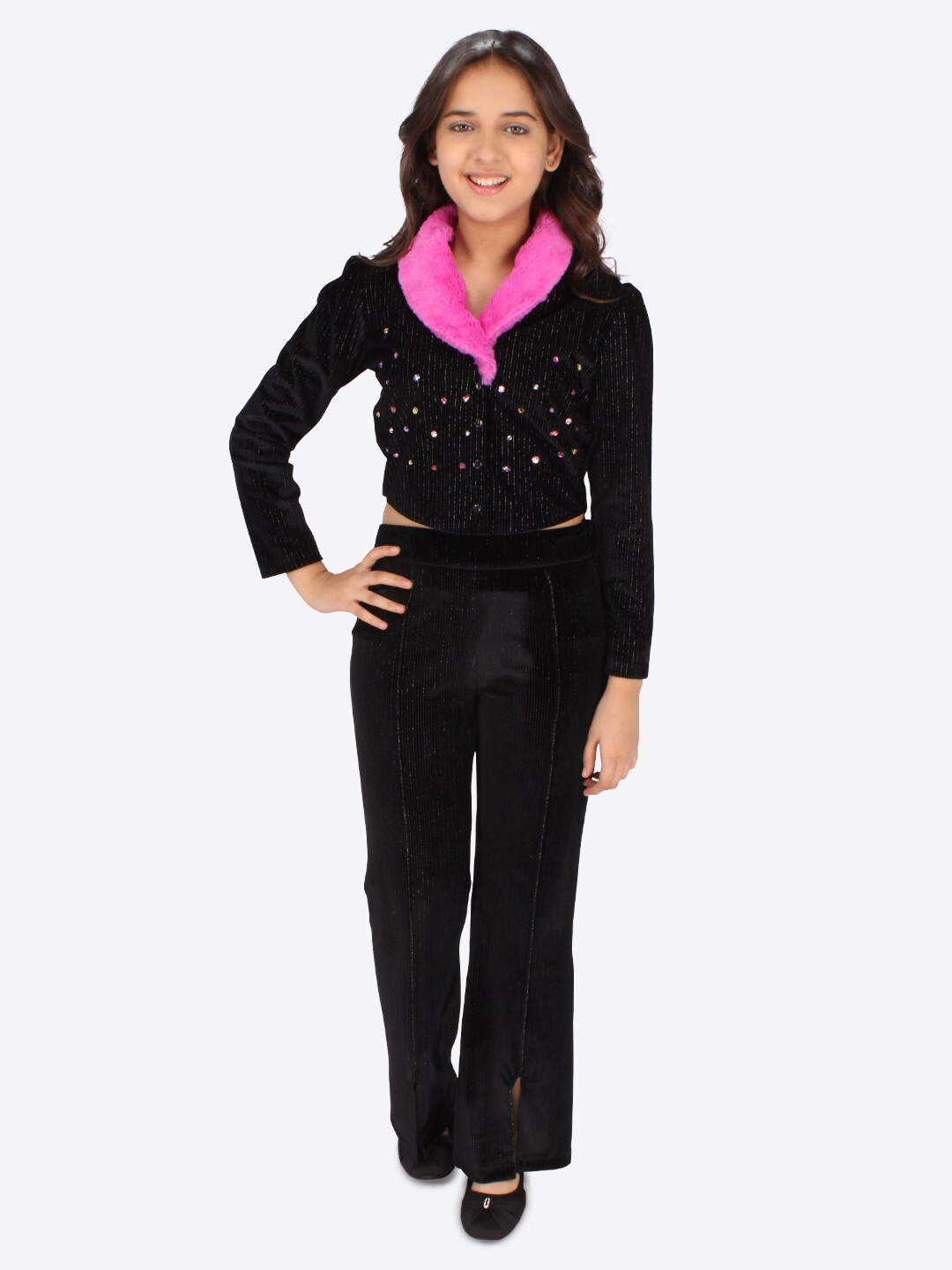 Girls Black Sequin Solid Top & Trouser Co-Ord Set