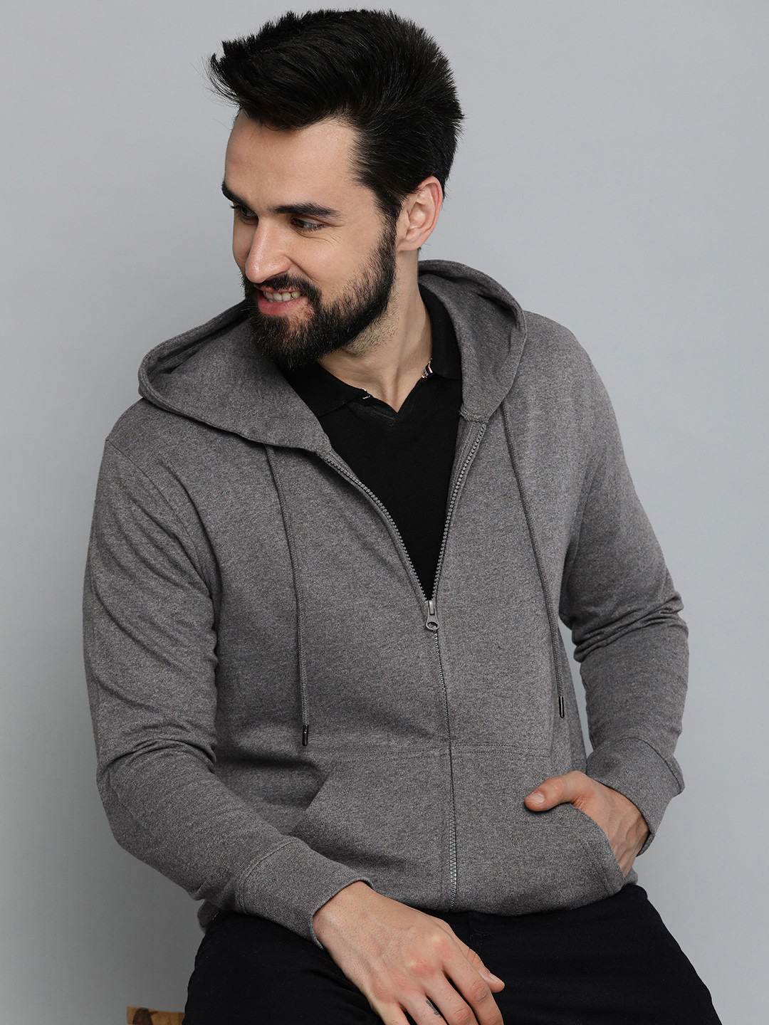 Buy HERE&NOW Men Charcoal Solid Knitted Hooded Sweatshirt Sweatshirts for Men 20834518 Myntra