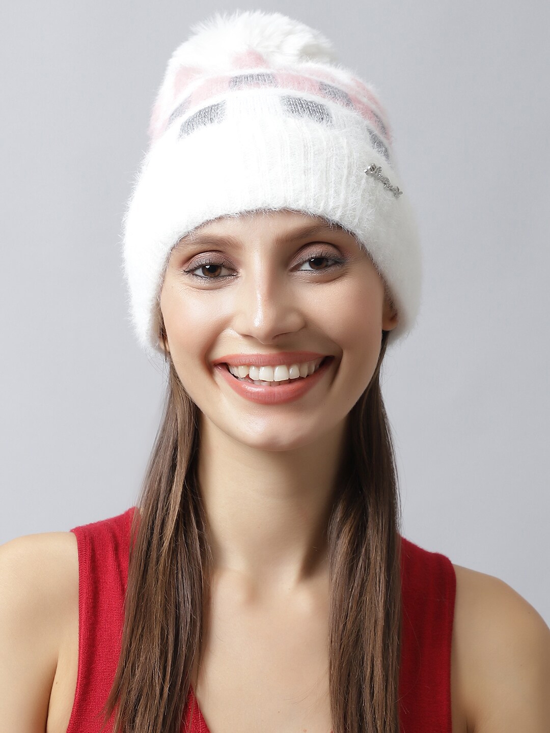 Buy LOOM LEGACY Women White & Black Checked Acrylic Beanie Caps for
