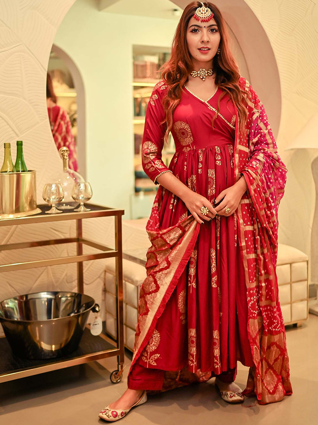 Two tone Bandhej Lehenga and Short Kurta Set main image 1