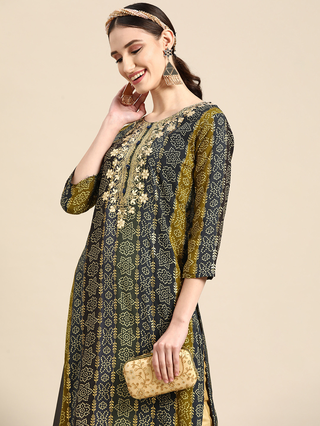 Women Rani Rayon Embroidered & Bandhani Printed Flared Kurta with Pant & Printed Dupatta