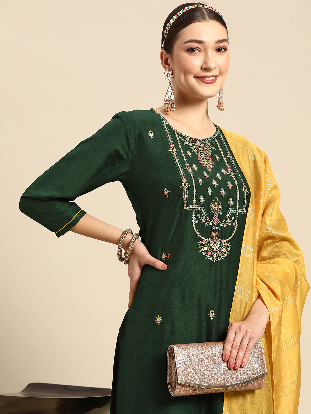 Women's Ethnic Floral Green A Line Kurta Set with Dupatta