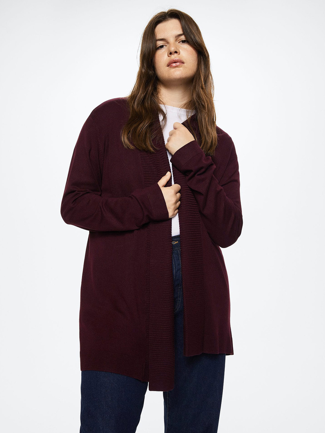 Buy MANGO Women Maroon Sustainable Longline Front Open Sweater