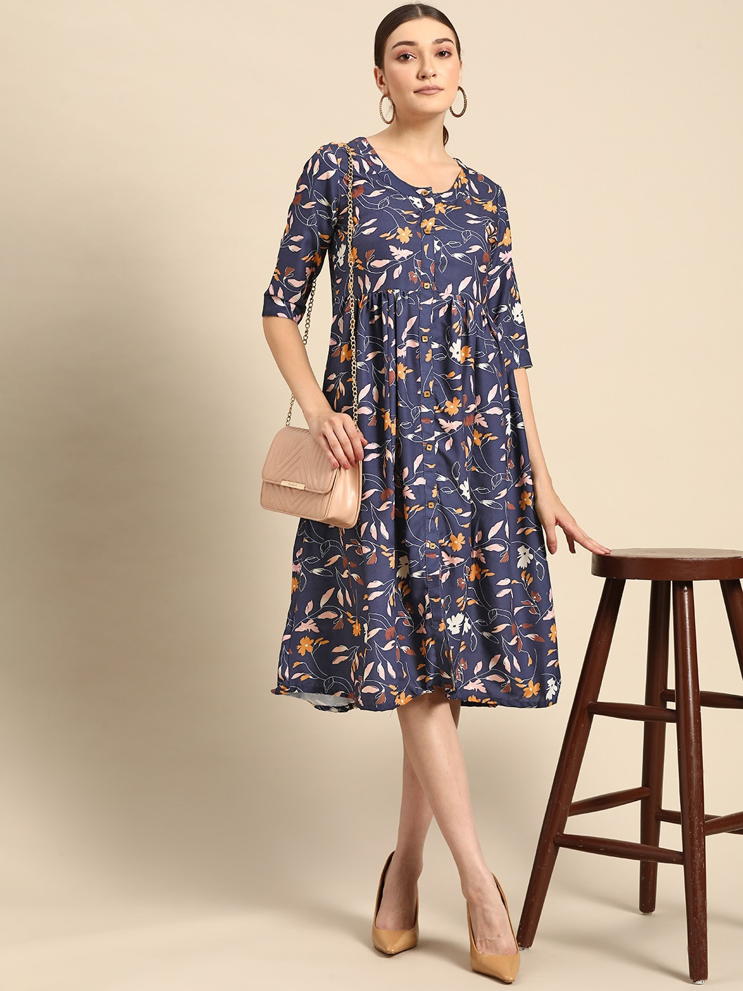 White Pink Floral A-Line Midi Dress