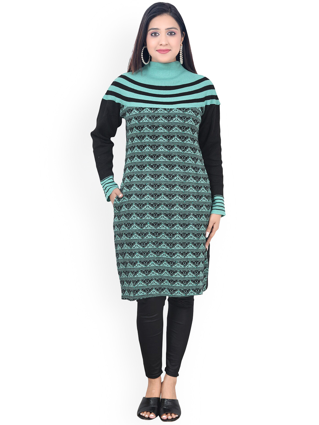 Green Lurex Knitted Plus Size Winter kurta