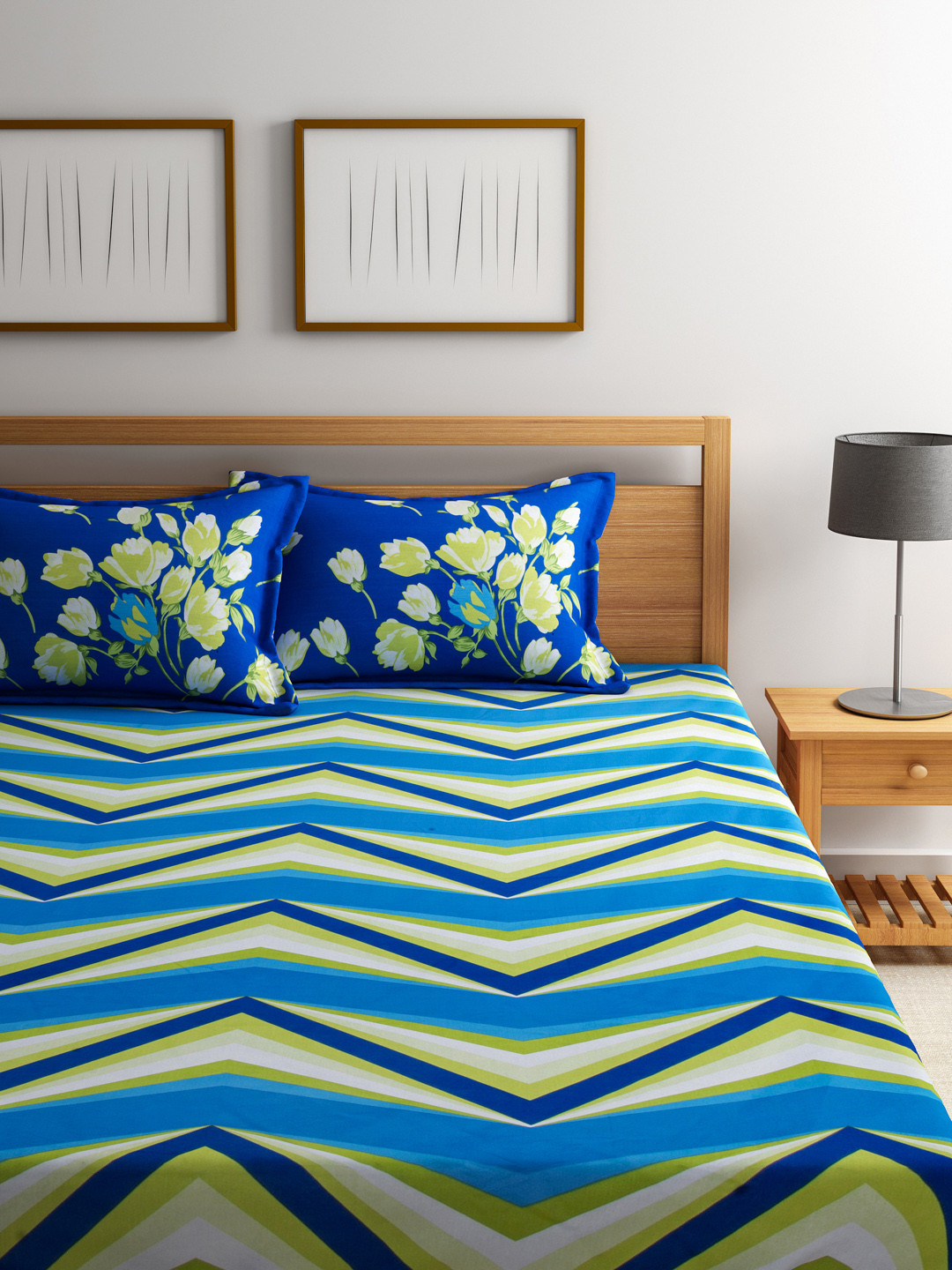 Buy Portico New York Blue & Green 144 TC Cotton Printed Double Bedsheet