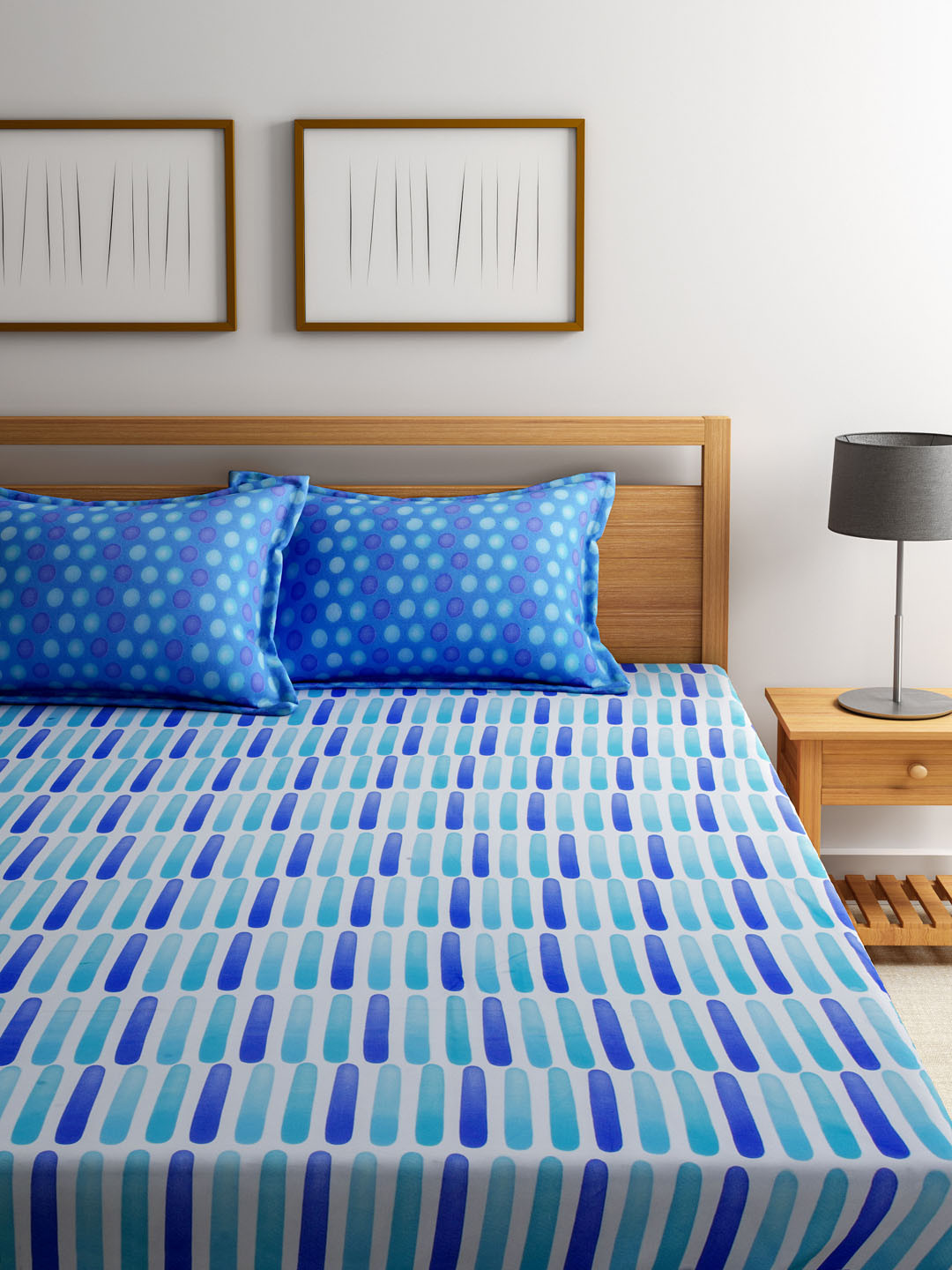Buy STELLAR HOME White & Blue Printed Cotton 104 TC Double Bedsheet