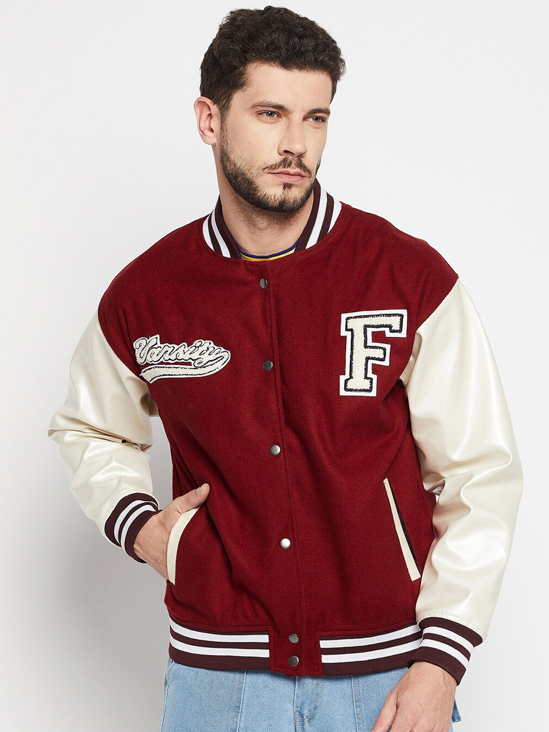 Buy FUGAZEE Men Maroon Colourblocked Varsity Jacket Jackets for Men