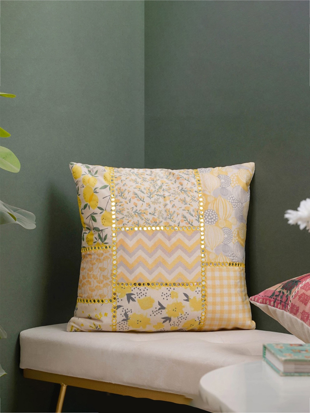Buy Nestasia Grey & Yellow Geometric Velvet Square Cushion Covers