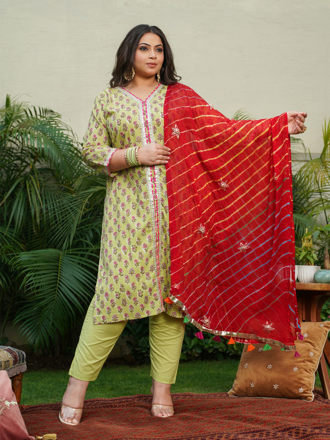 Buy NANGALIA RUCHIRA Women Plus Size Lime Green Floral Printed Pure