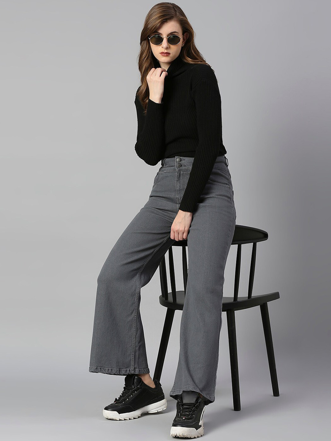 Women's Grey Cotton Mid-Rise Comfort Wide Leg Heavy Fade Jeans