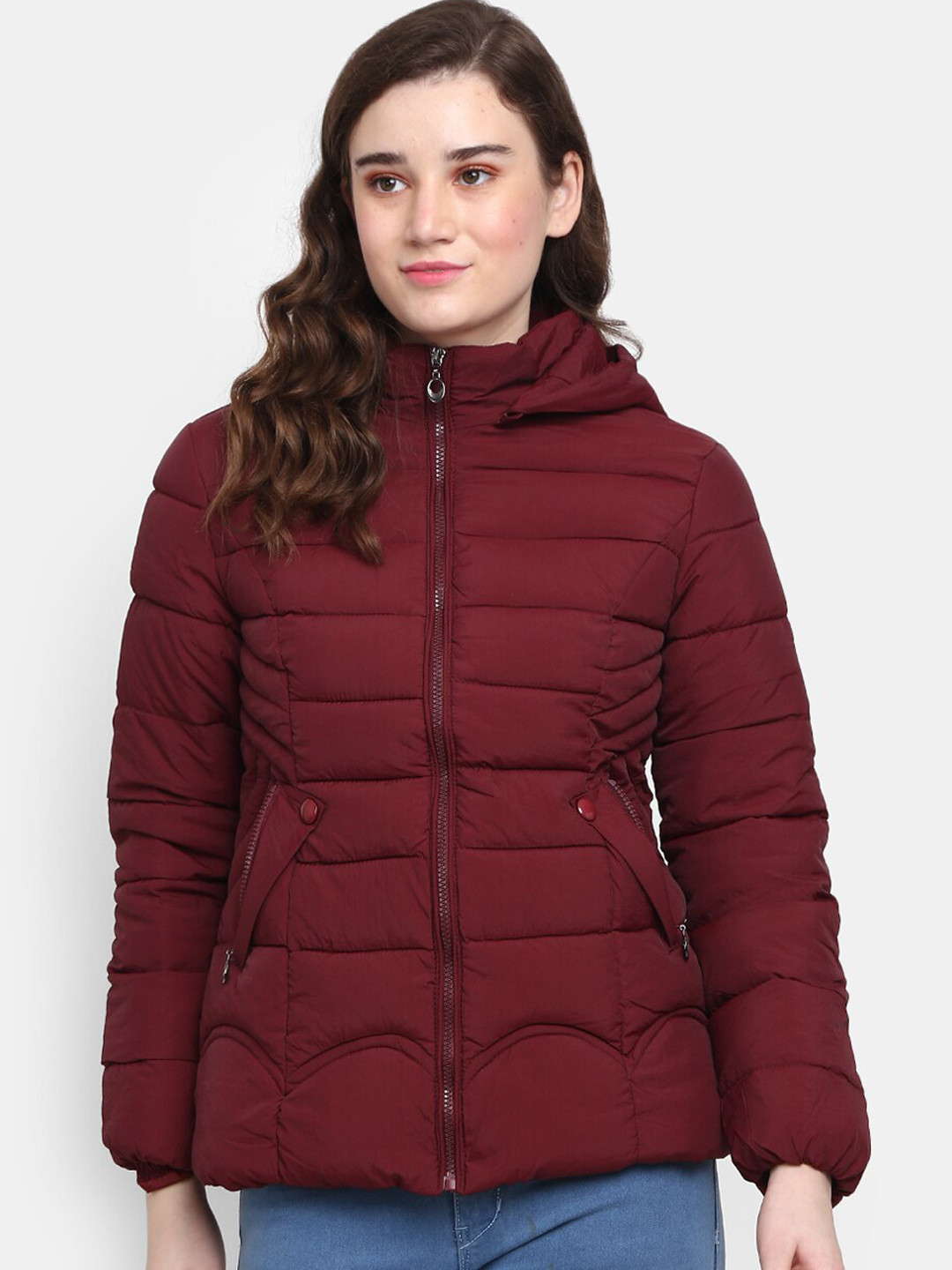 Buy V Mart Women Maroon Lightweight Hooded Outdoor Padded Jacket