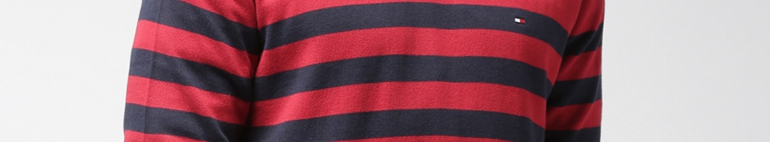 Buy Tommy Hilfiger Men Red & Navy Blue Striped Pullover - Sweaters for ...