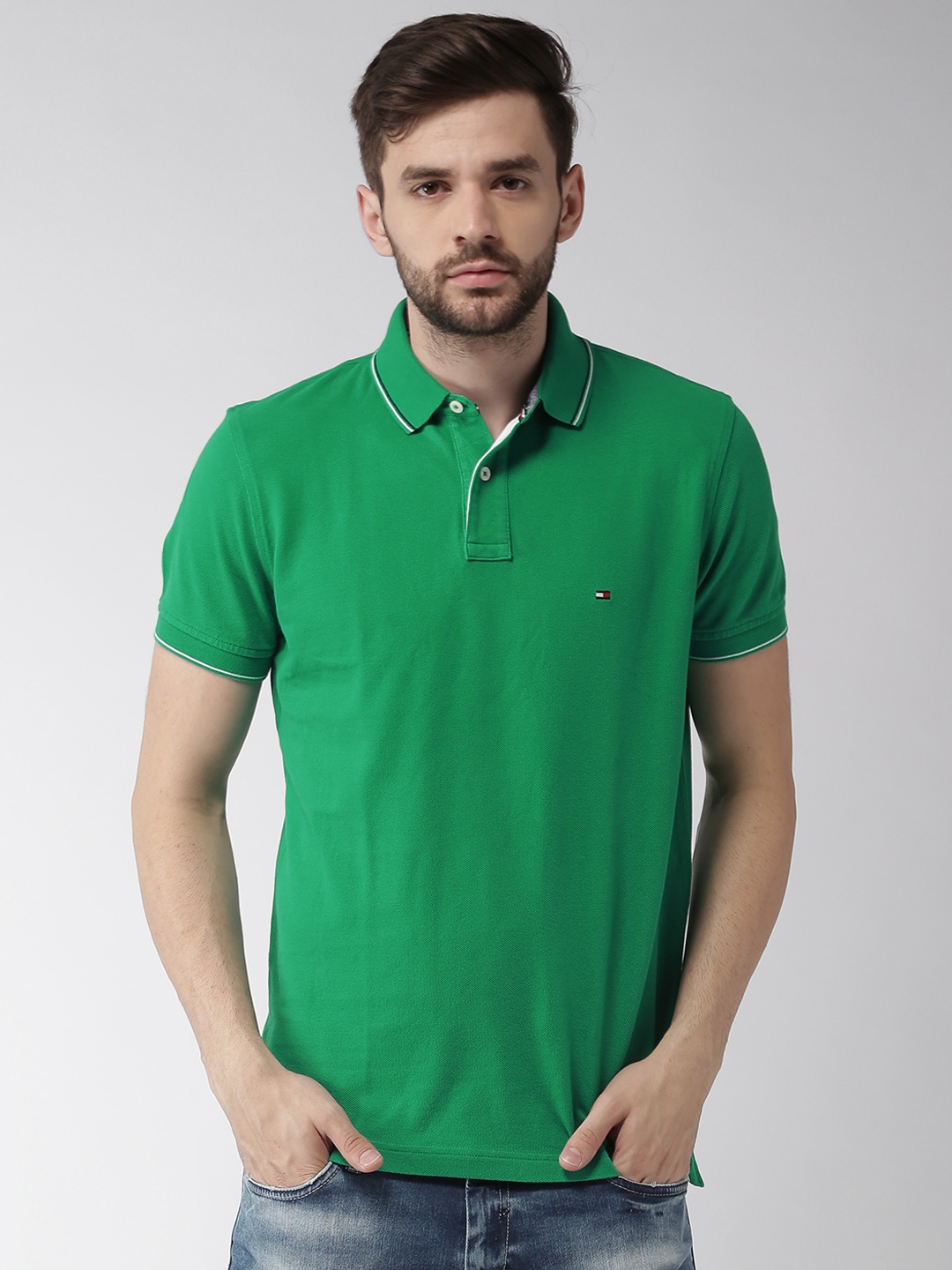 Buy Tommy Hilfiger Men Green Solid Polo Collar Pure Cotton T Shirt ...