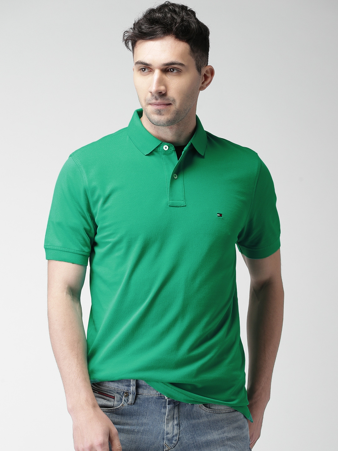 Buy Tommy Hilfiger Men Green Solid Polo Collar T Shirt - Tshirts for ...