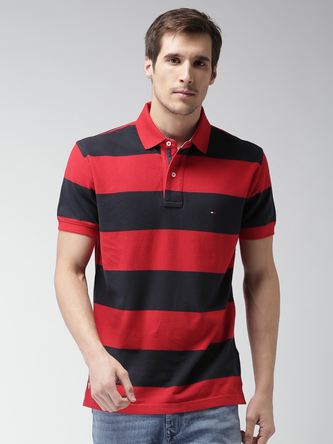 Buy Tommy Hilfiger Men Red & Navy Blue Striped Polo Collar T Shirt ...