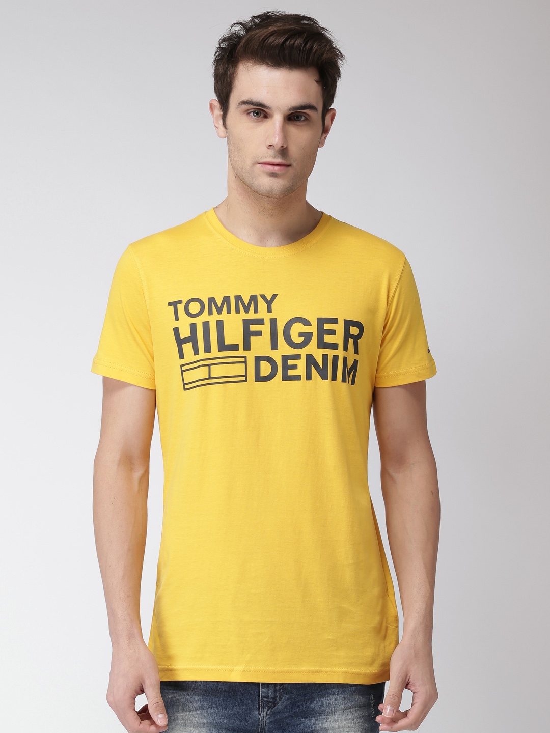 Buy Tommy Hilfiger Men Yellow Printed Round Neck Pure Cotton T Shirt ...