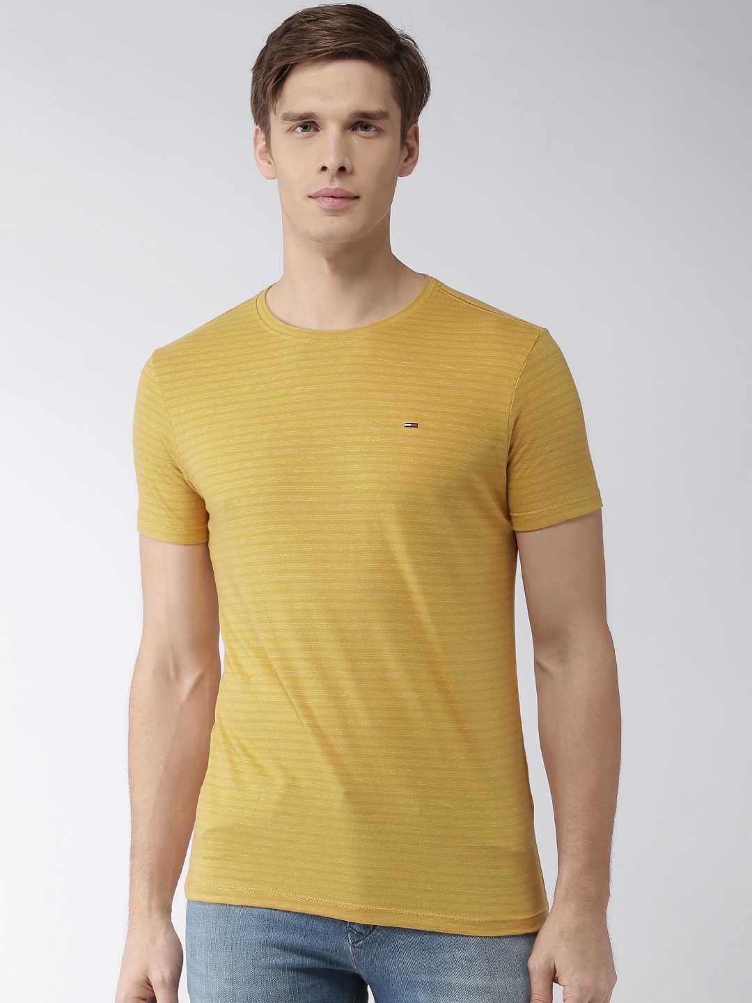 Buy Tommy Hilfiger Men Mustard Yellow Striped Round Neck T Shirt ...