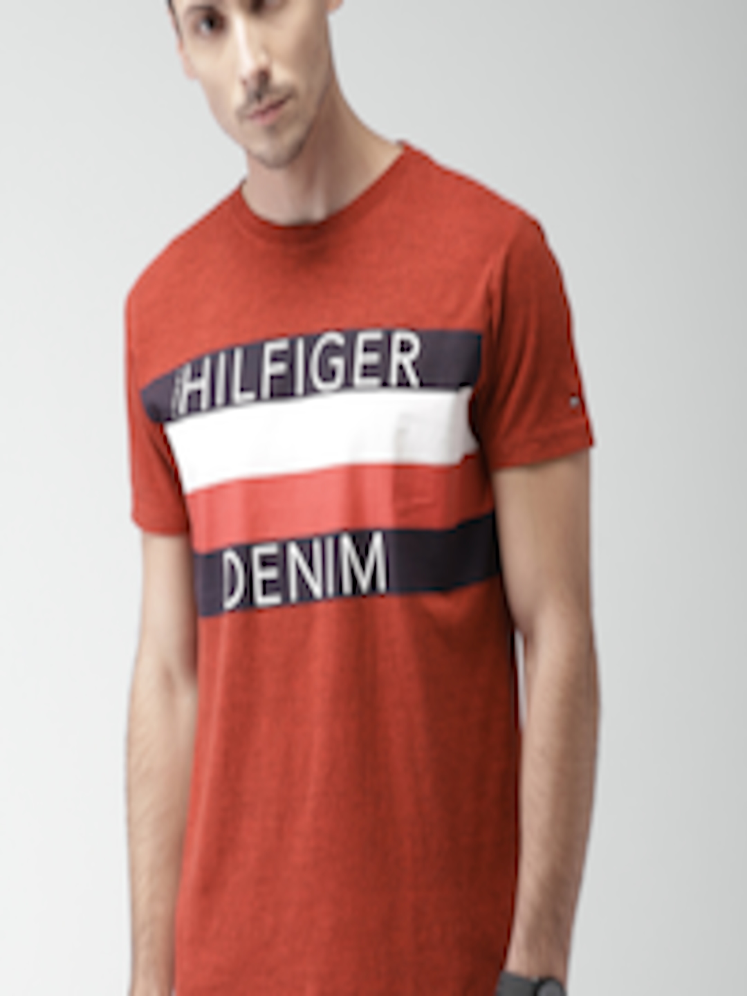 Buy Tommy Hilfiger Men Maroon Striped Round Neck T Shirt - Tshirts for ...