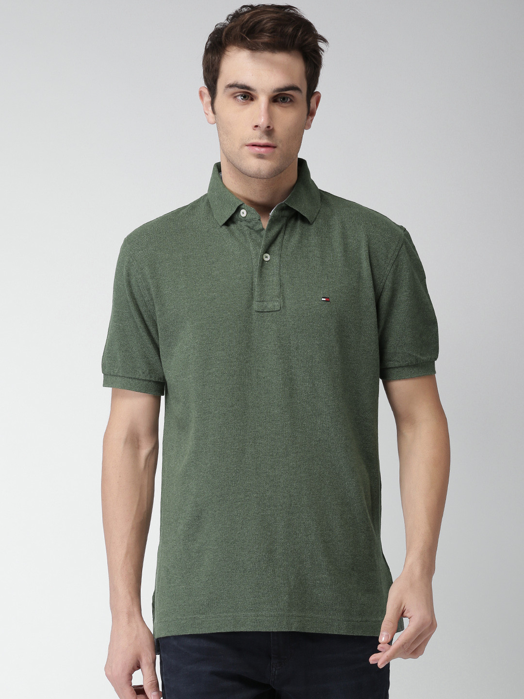 Buy Tommy Hilfiger Men Olive Green Classic Fit Solid Polo Pure Cotton T