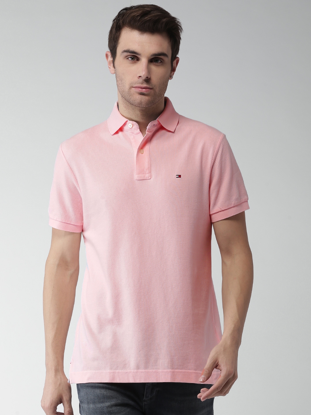 Buy Tommy Hilfiger Men Pink Solid Polo Collar Pure Cotton T Shirt ...