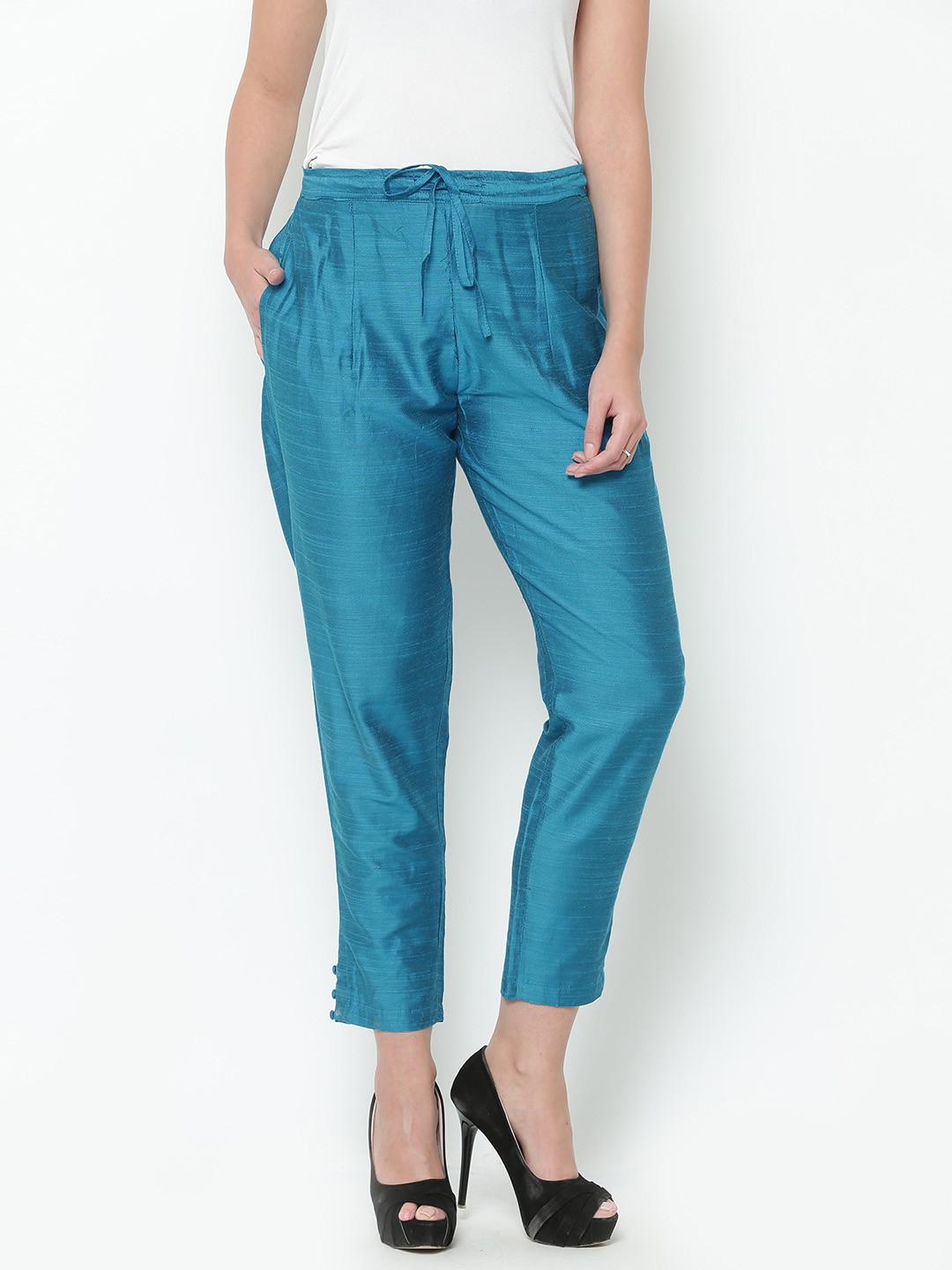 Buy Shree Women Turquoise Blue Slim Fit Solid Trousers Trousers For