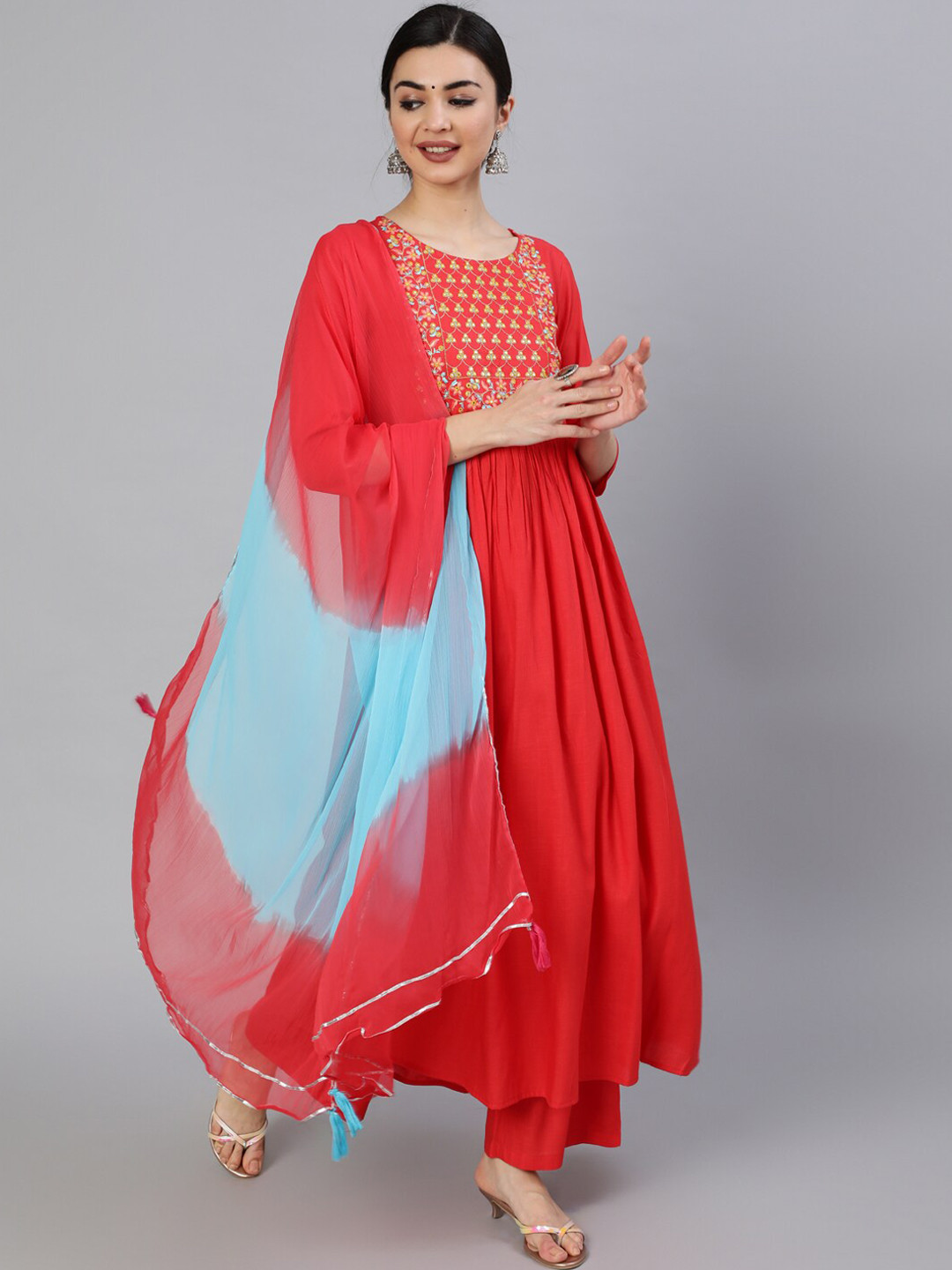 Women Red Embroidered Straight Kurta Palazzos With Dupatta Set main image 0