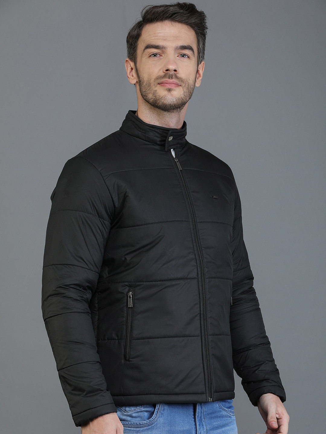Men's Black Windcheater Longline Bomber with Patchwork Jacket