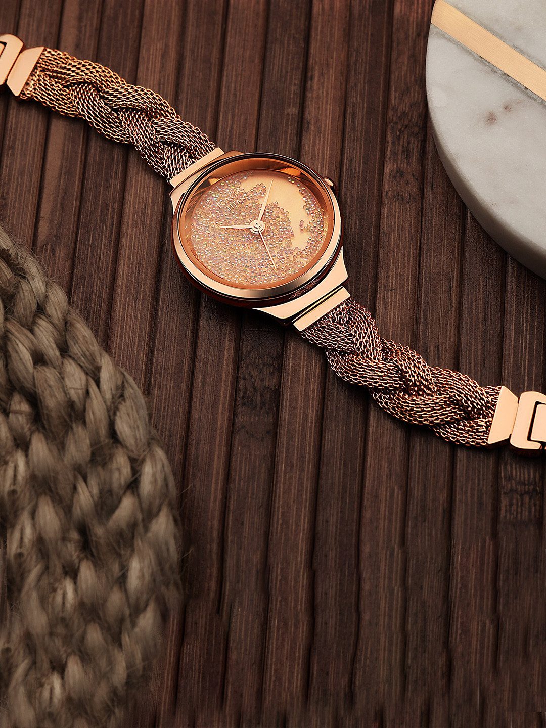 Buy Titan Women Rose Gold Toned Embellished Dial & Rose Gold Toned