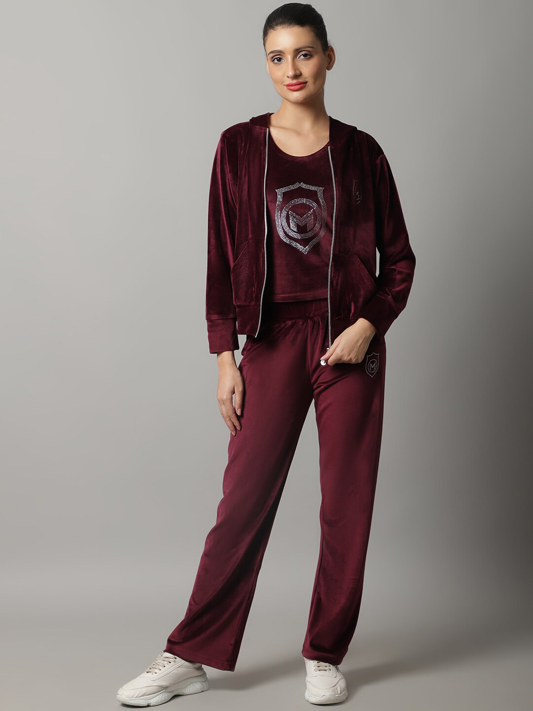 Buy MARC LOUIS Women Burgundy Coloured Velvet Tracksuits Tracksuits