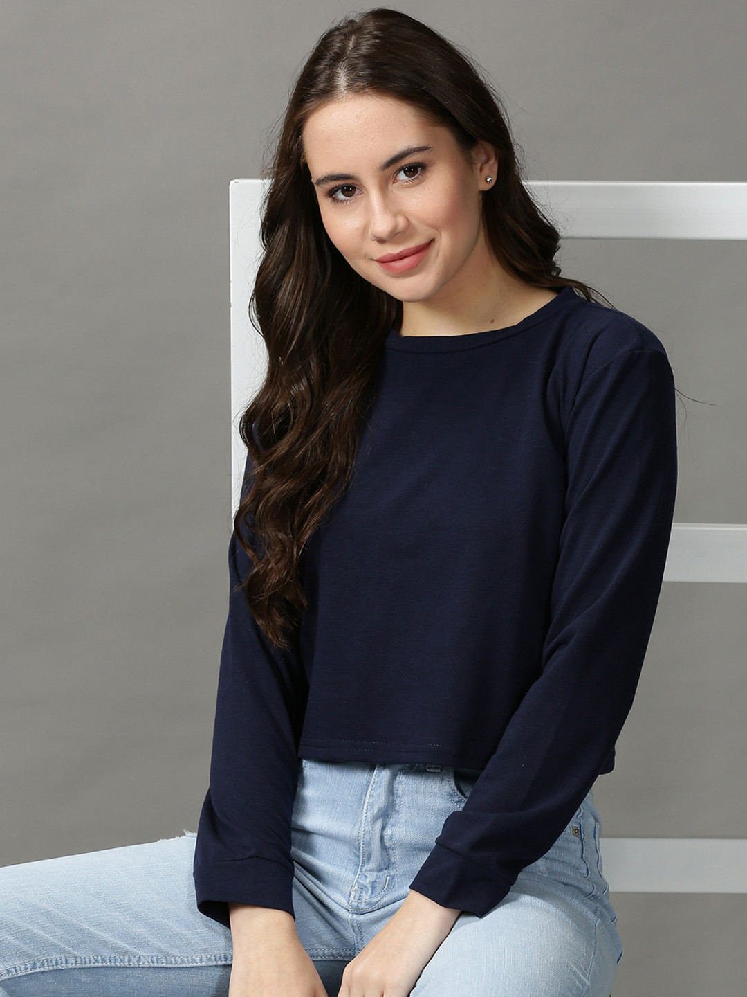 Buy SHOWOFF Women Navy Blue Round Neck T Shirt - Tshirts for Women ...