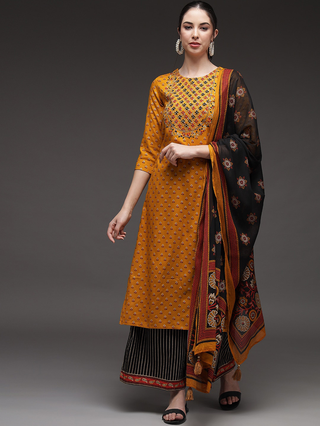 Women'S Mustard Yellow & Black Woven Design Kurta With Palazzos