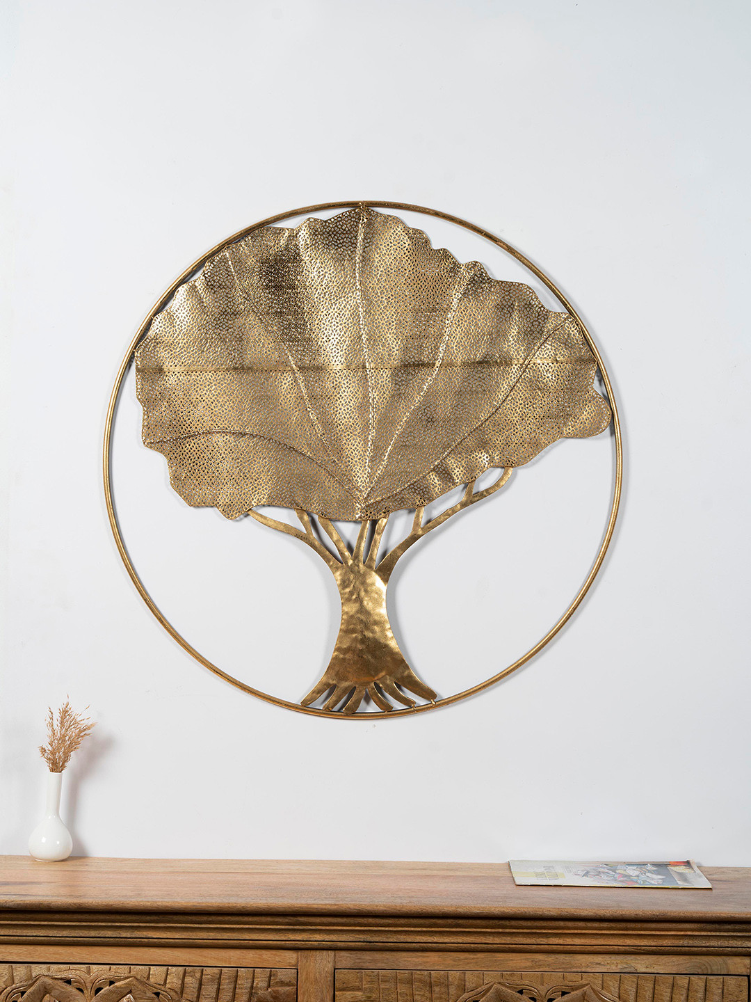 Buy Vedas Gold Toned Textured W Anand Leaf Table Hanging Wall Decor