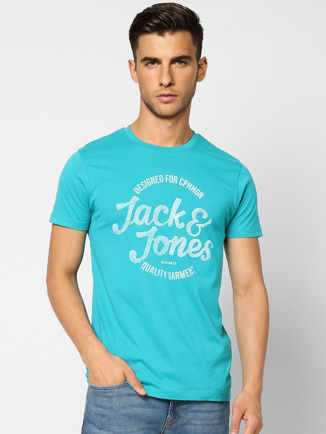 Buy Jack & Jones Men Blue Typography Printed Slim Fit Cotton T Shirt