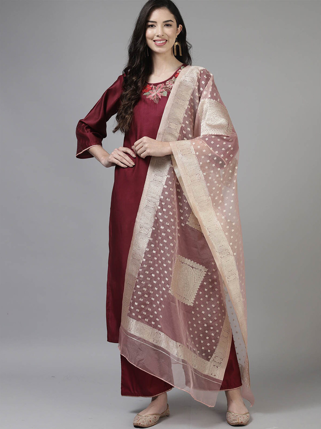 Women Maroon Embroidered Straight Kurta Trousers With Dupatta Set main image 0