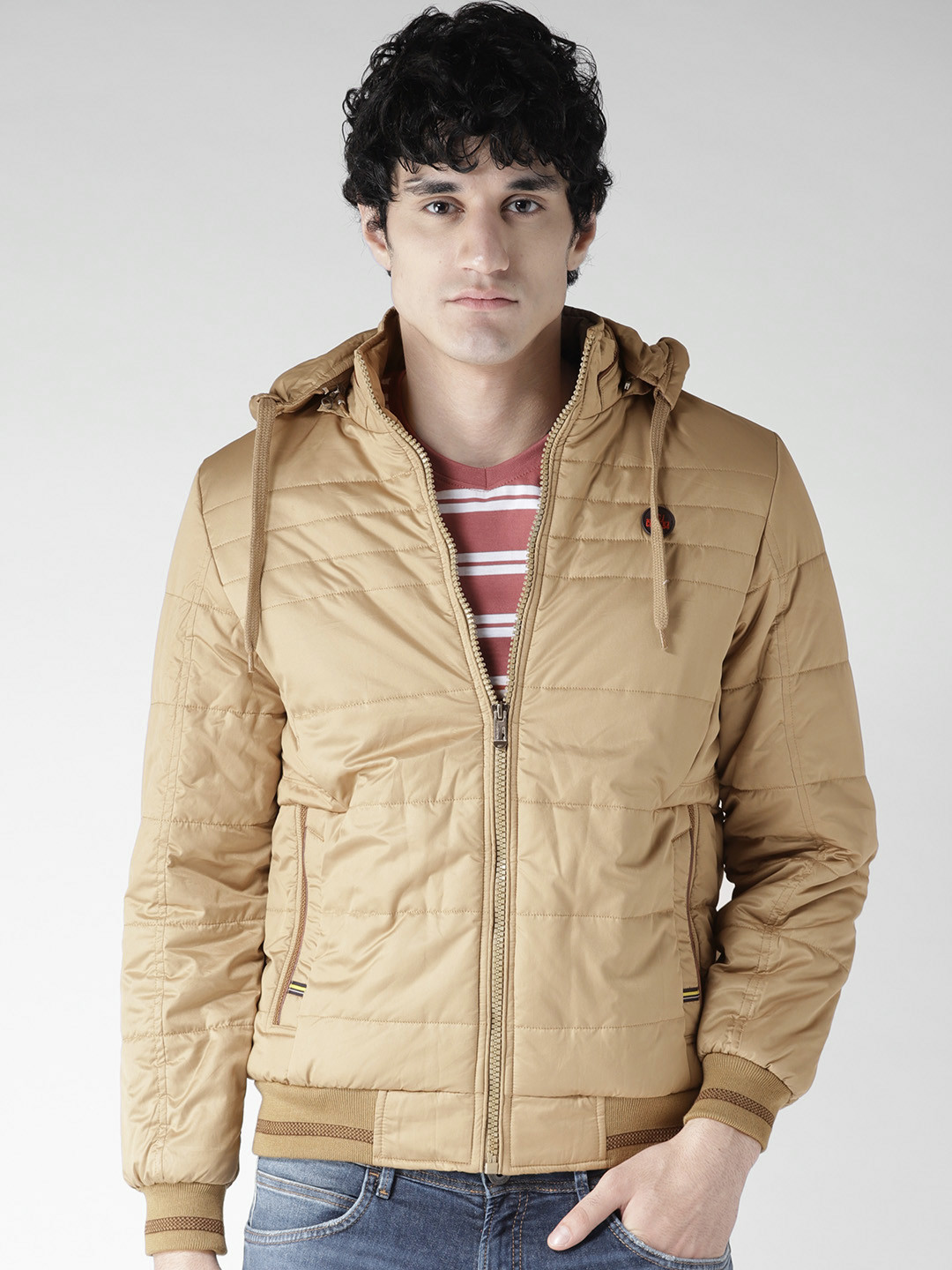 Buy Fort Collins Men Mustard Brown Solid Hooded Bomber Jacket Jackets