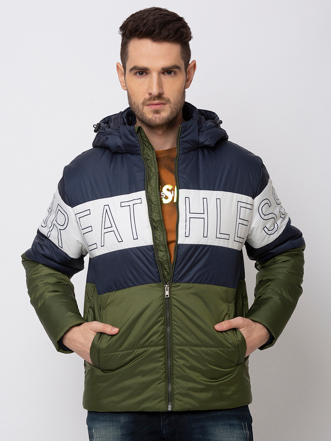 Buy Status Quo Men Navy Blue Colourblocked Padded Jacket Jackets for