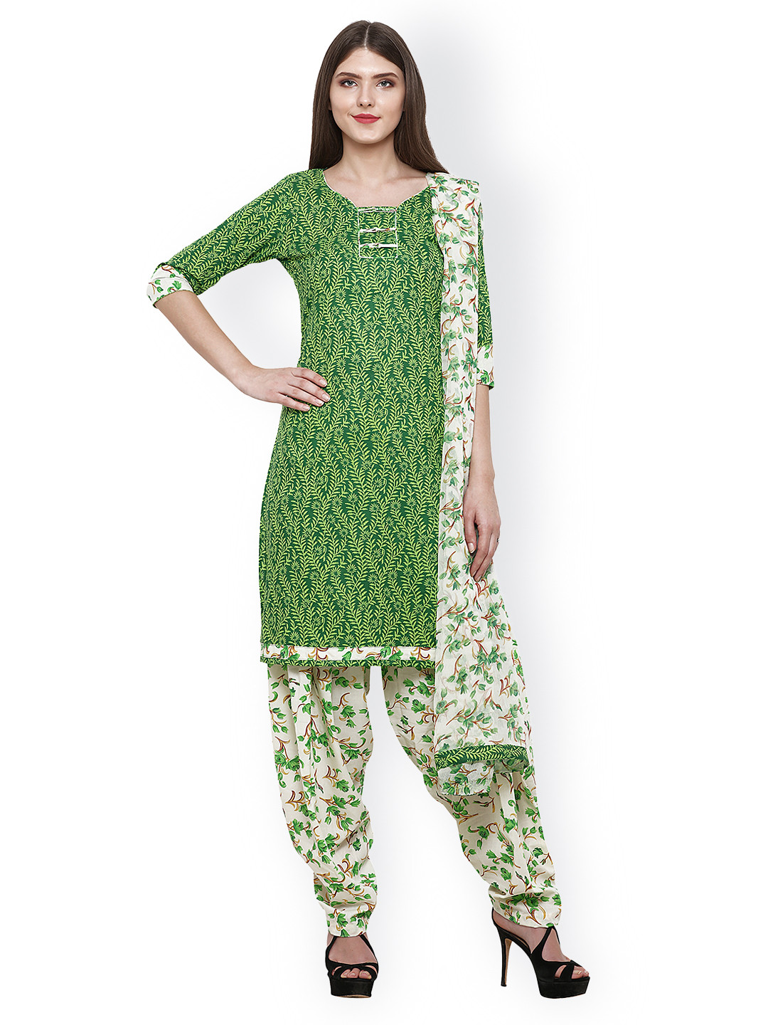 Buy Satrani Green & White Cotton Blend Unstitched Dress Material Dress Material for Women