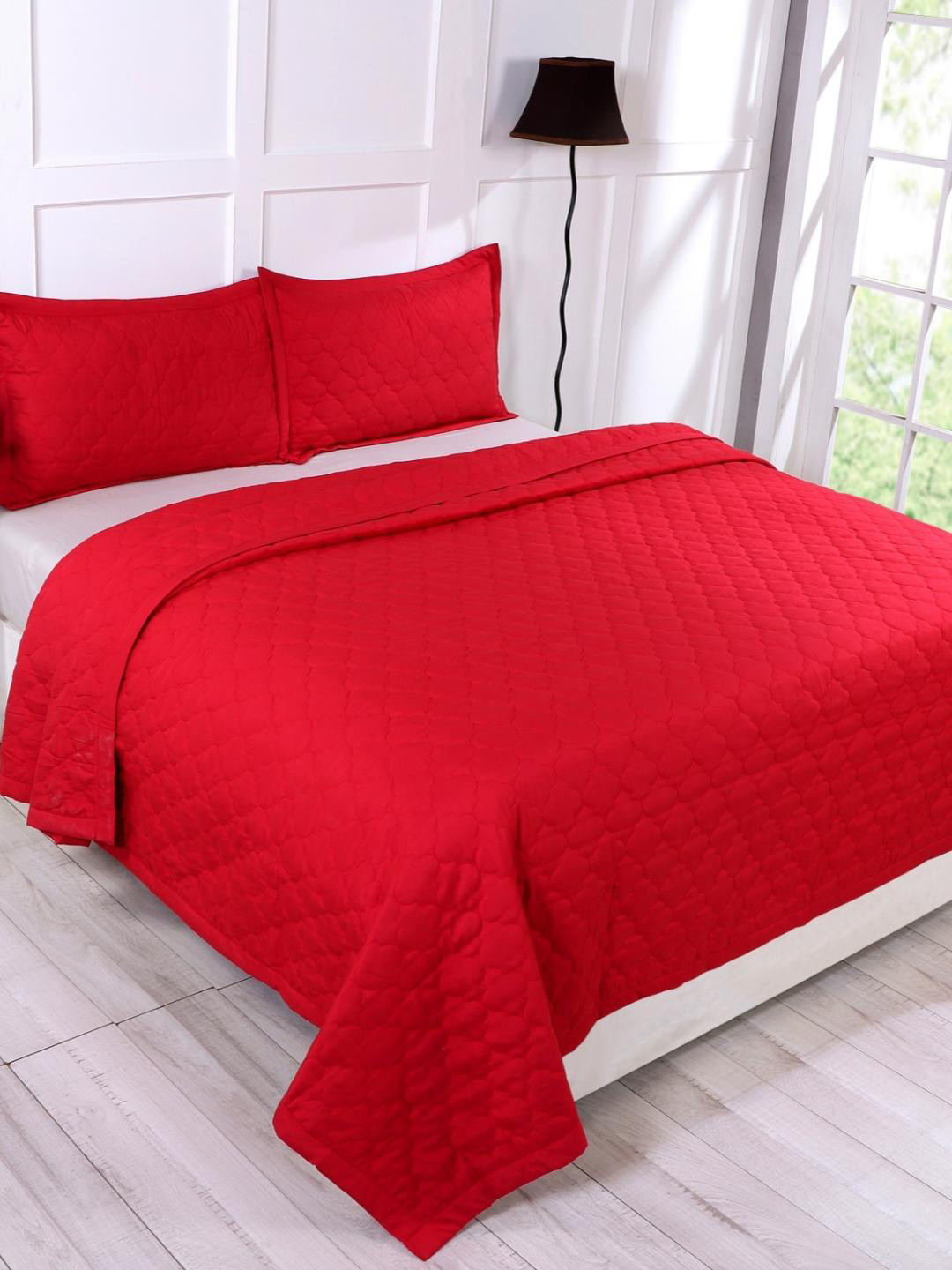 Buy A Homes Grace Red Solid Double King 120 179 TC Bed Cover With 2