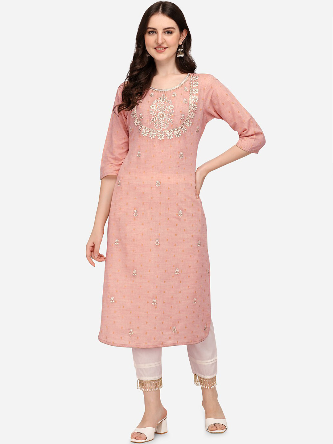 Women's Peach Muslin Embroidered Straight Kurta Pant With Dupatta