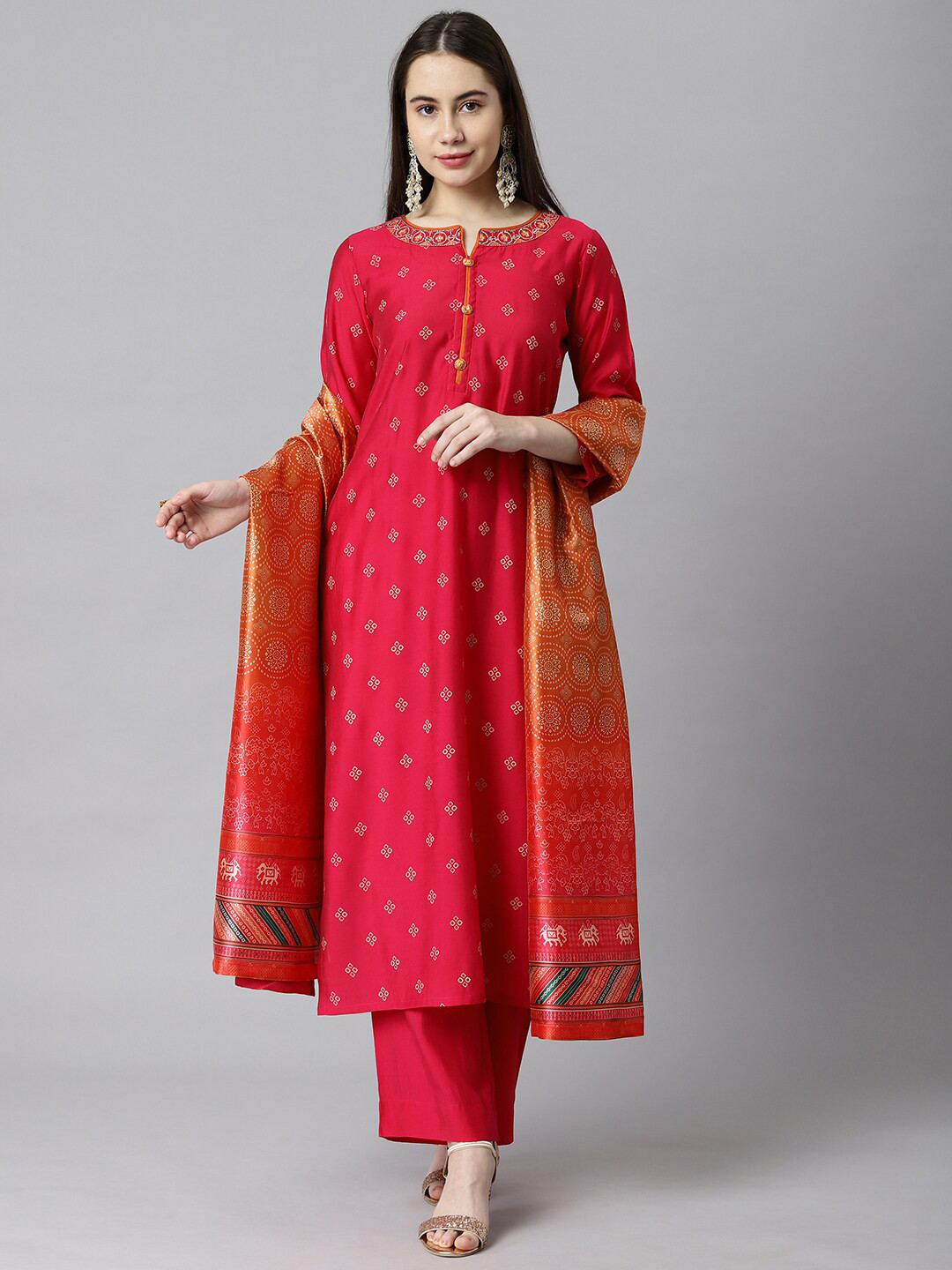 Women Green & Red Straight Geometric Printed Kurta And Palazzos Set