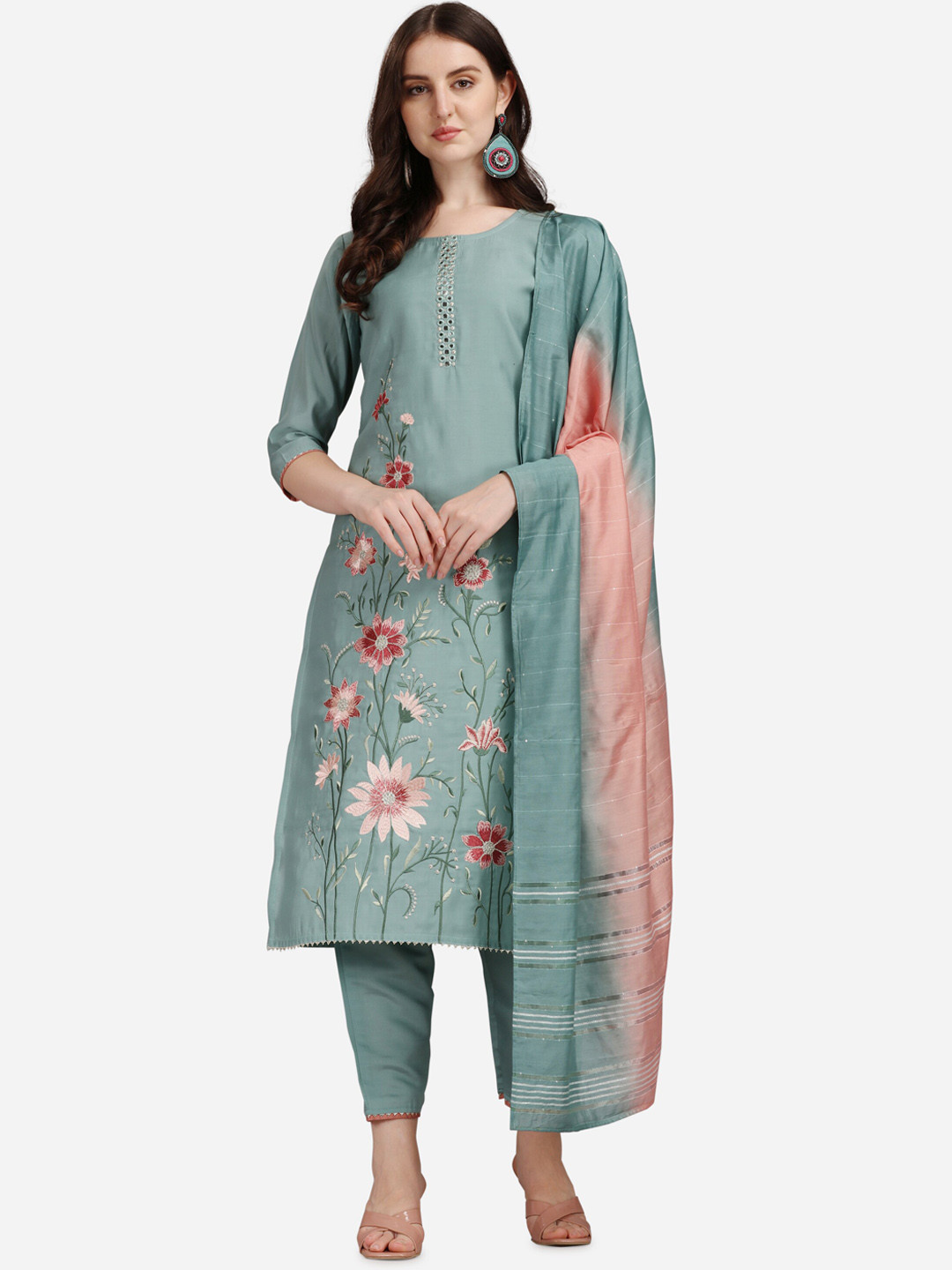Sea Green Cotton Kurtis Set for Women with Chanderi Dupatta main image 1