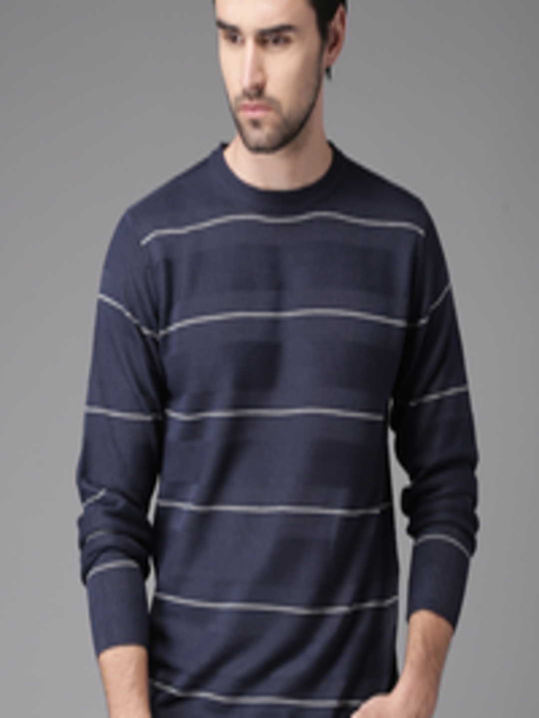 Buy HERE&NOW Men Navy Blue Striped Pullover Sweater - Sweaters for Men ...